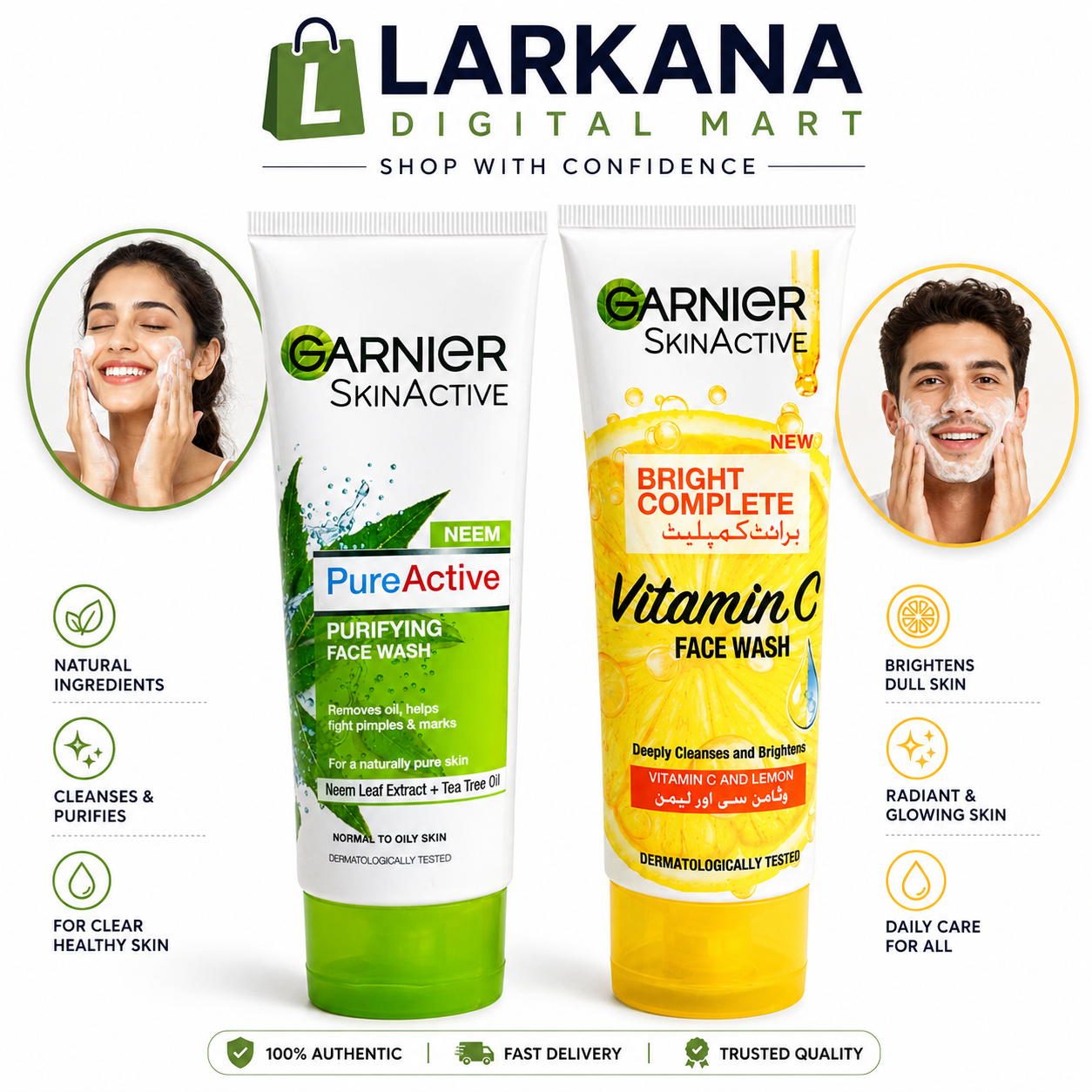 Garnier SkinActive Face Wash Duo - Neem PureActive + Vitamin C Bright Complete