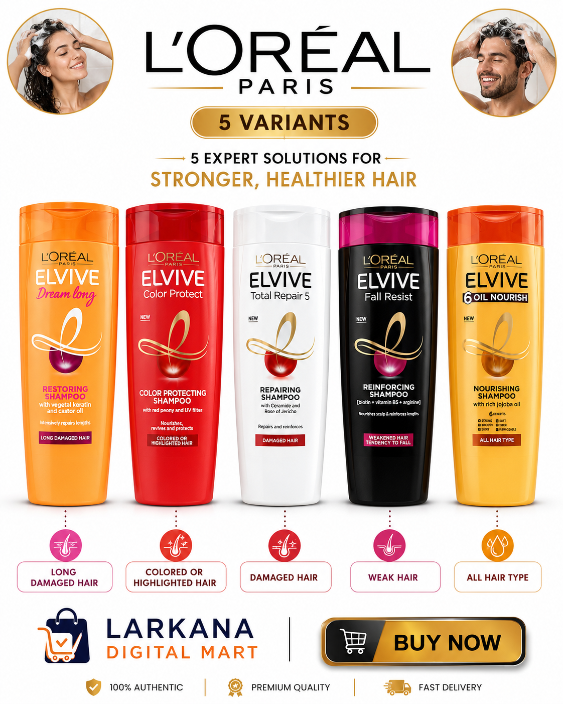 L'Oreal Paris Elvive Shampoo - 5 Expert Variants for Stronger, Healthier Hair 360ML Large