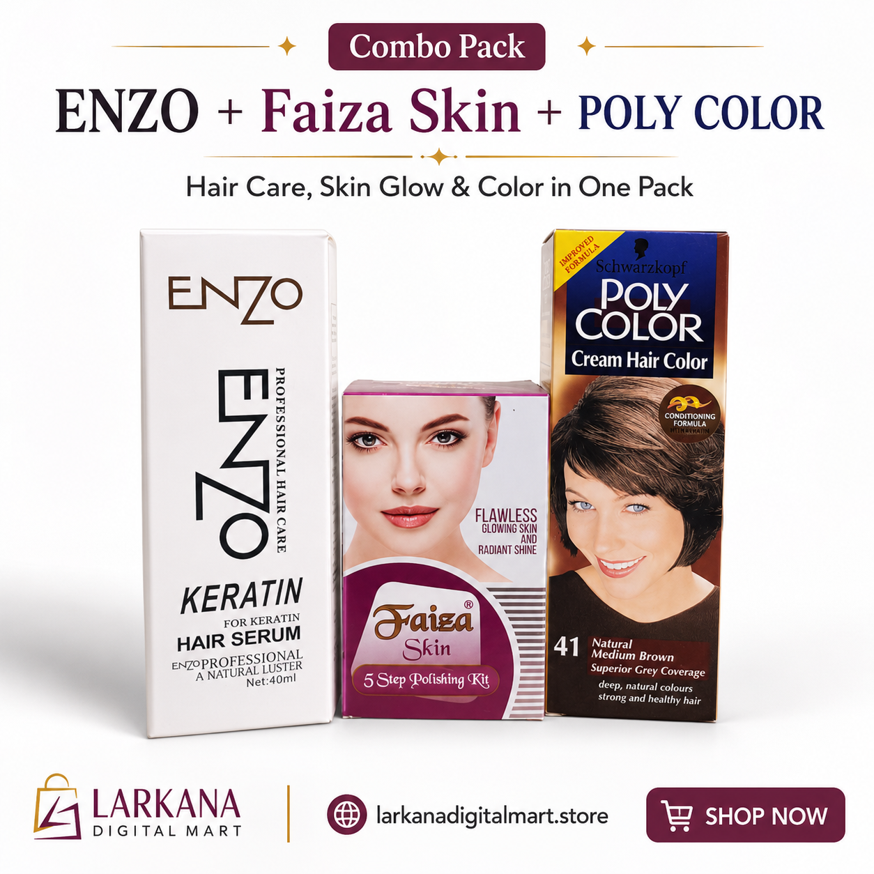 Combo Pack - Enzo Keratin Hair Serum + Faiza Skin 5 Step Polishing Kit + Poly Color Cream Hair Color