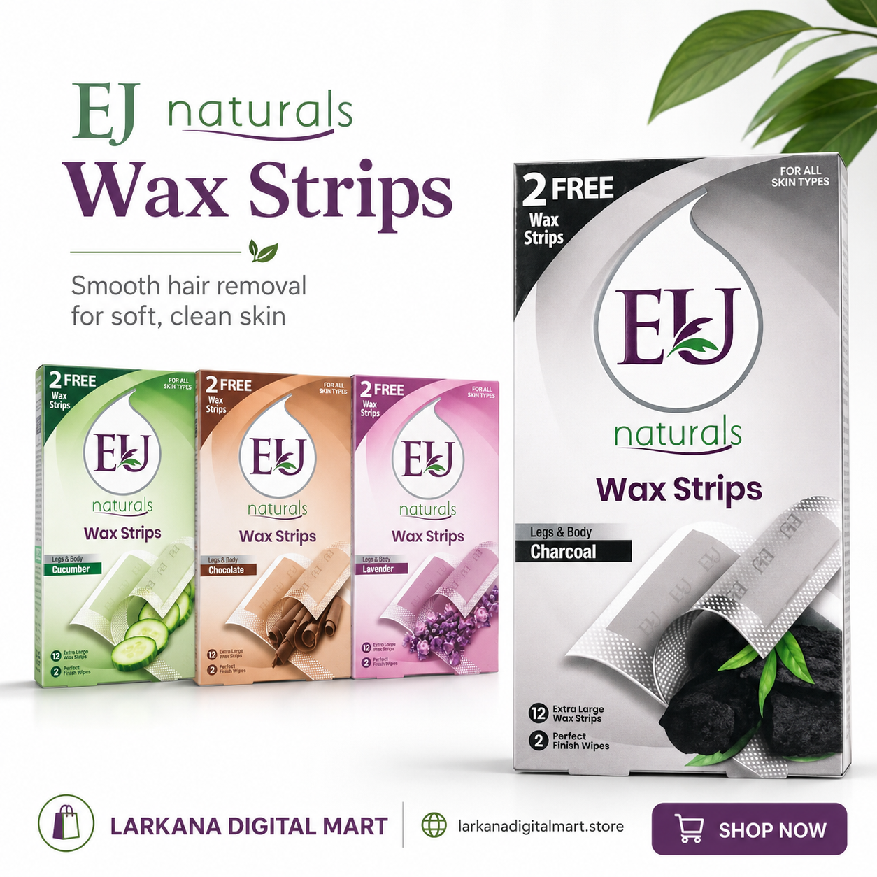 EJ Naturals Wax Strips - Legs & Body (12 Extra Large Strips + 2 Finish Wipes)