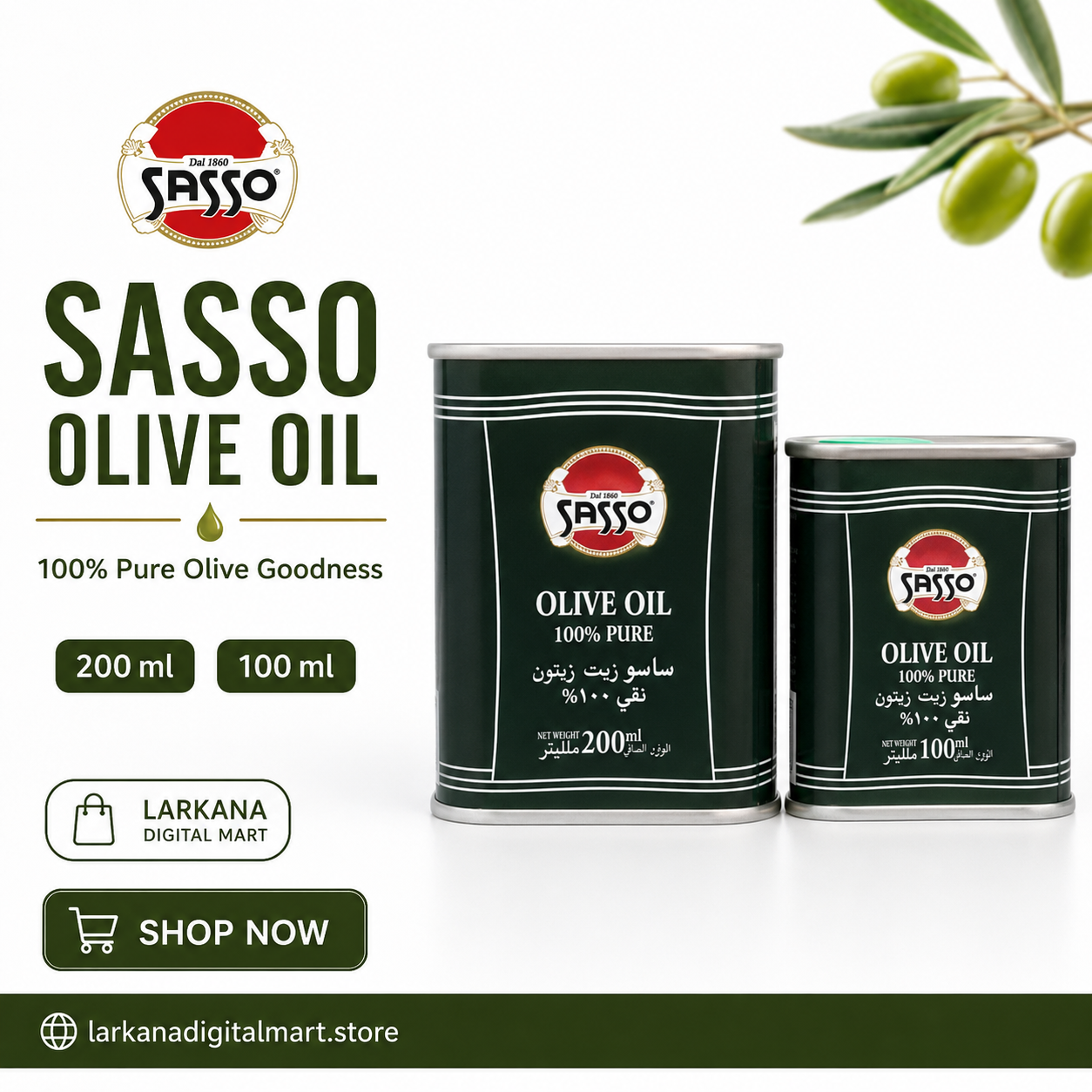 Sasso Olive Oil 100% Pure 200ml and 100ml tin cans