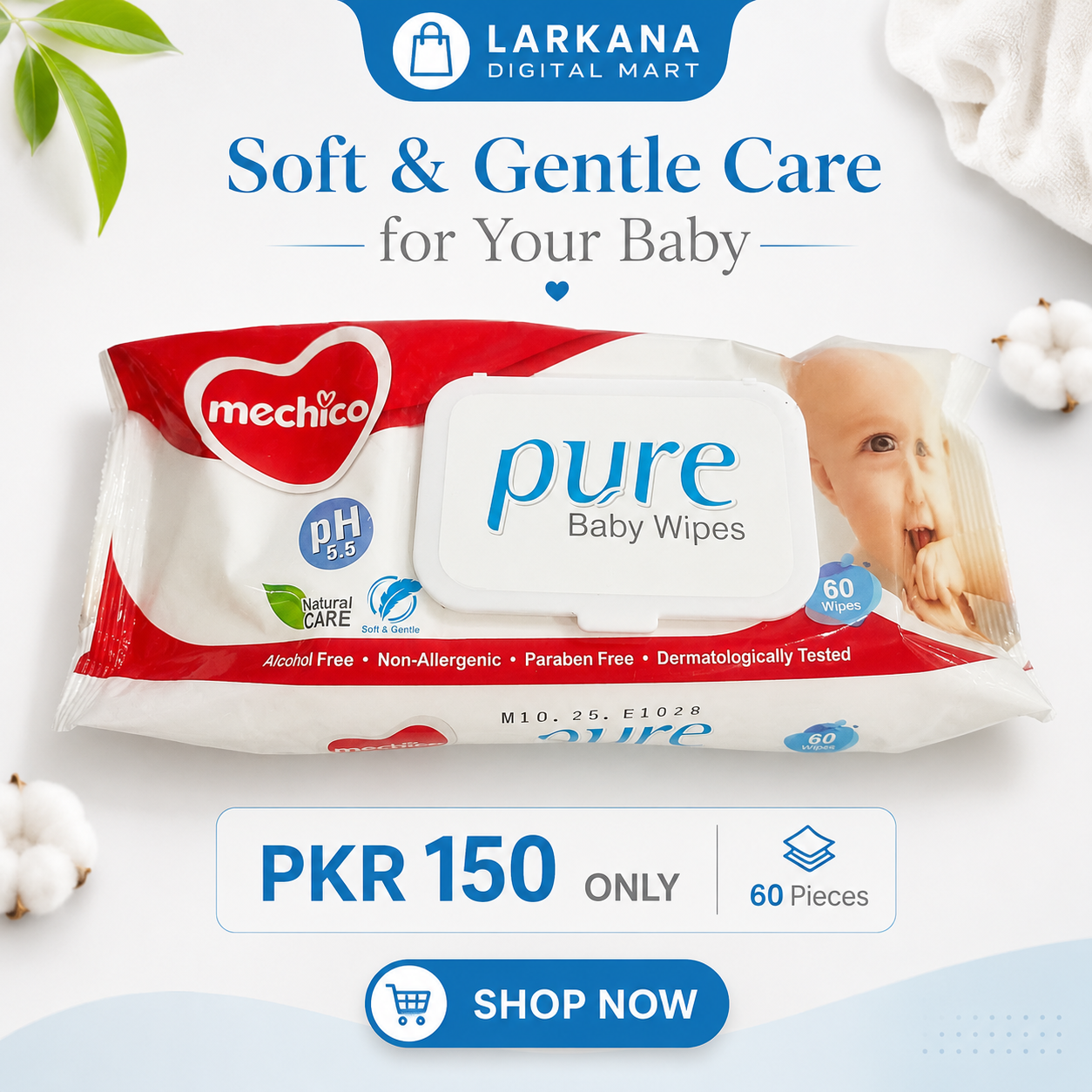 Mechico Pure Baby Wipes - 60 Pieces